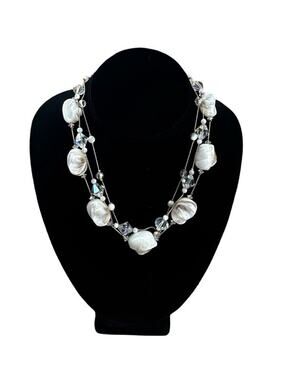 Dabby Reid White Iridescent Beaded 3 Strand Statement Necklace Chunky Layered